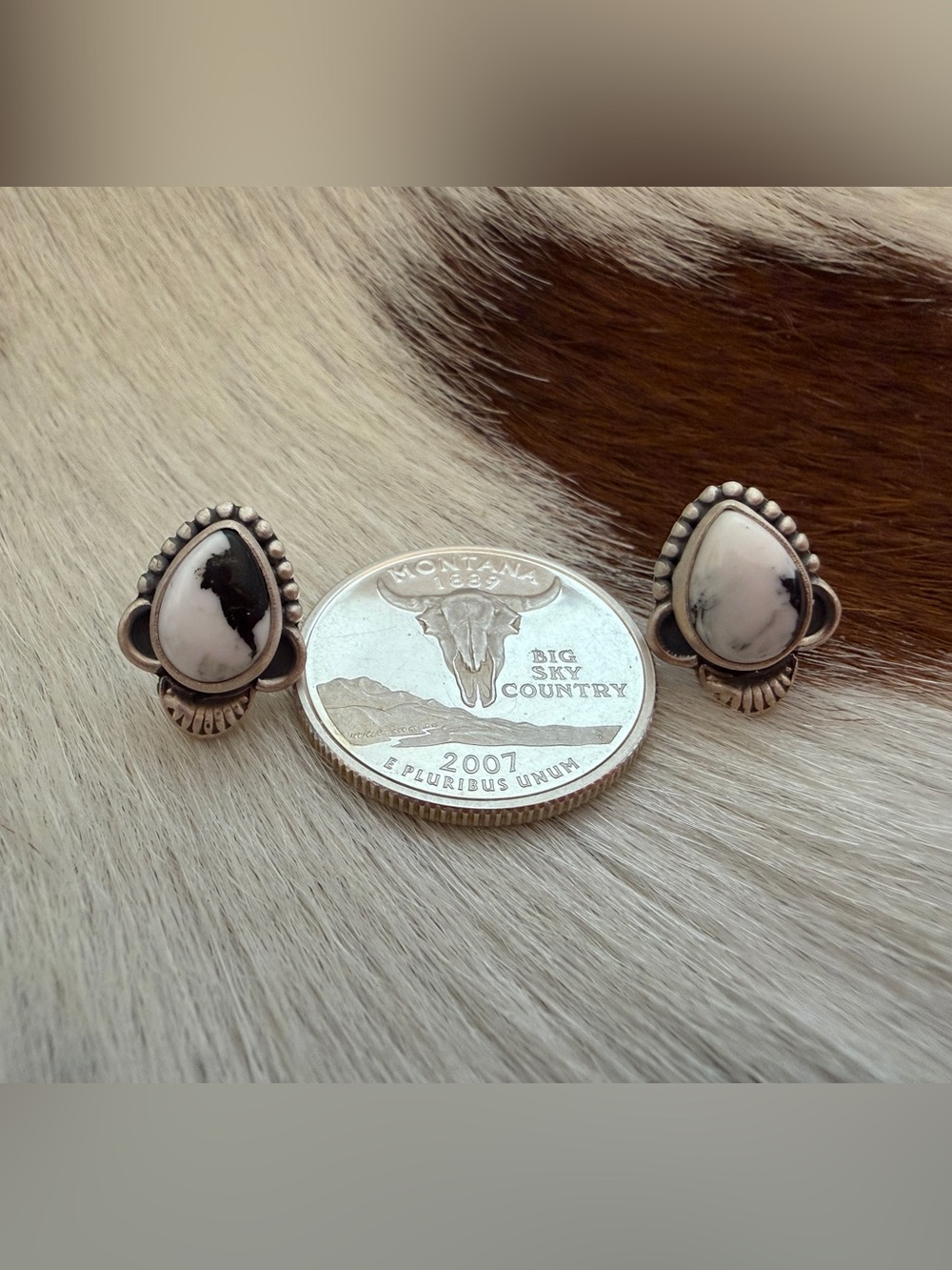 ❤️White Buffalo Stud Teardrop Earrings Matte Brushed Sterling Navajo Style .58”L - Picture 5 of 15